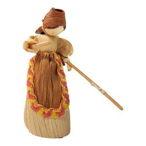 Vintage Primitive Folk Art Corn Husk Woman Doll w/ Garden Rake Ornament 4.75x3”